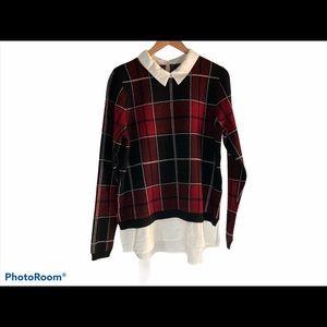 TAHARI Red, Black White Plaid Collared Sweater